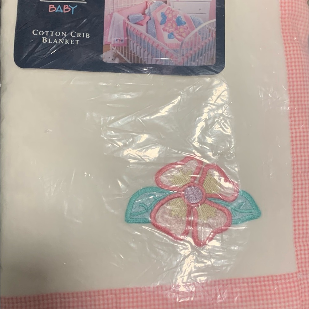 Cotton Crib Blanket - White with Pink and Green Floral Design